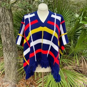 Vintage 70s Crochet Poncho with Fringe Blue Vneck Open Miss Erika OSFM